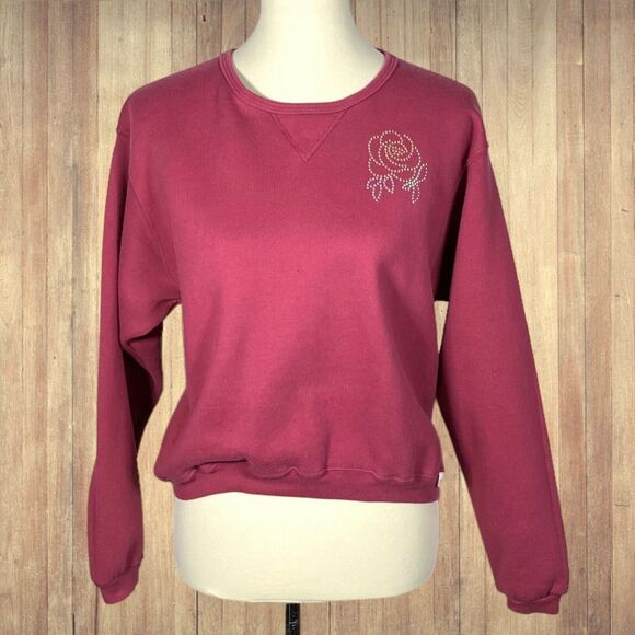 Vintage Russell Womens Sweatshirt Top M Red Studded Flower Crop Boxy Sweater USA - Picture 1 of 12